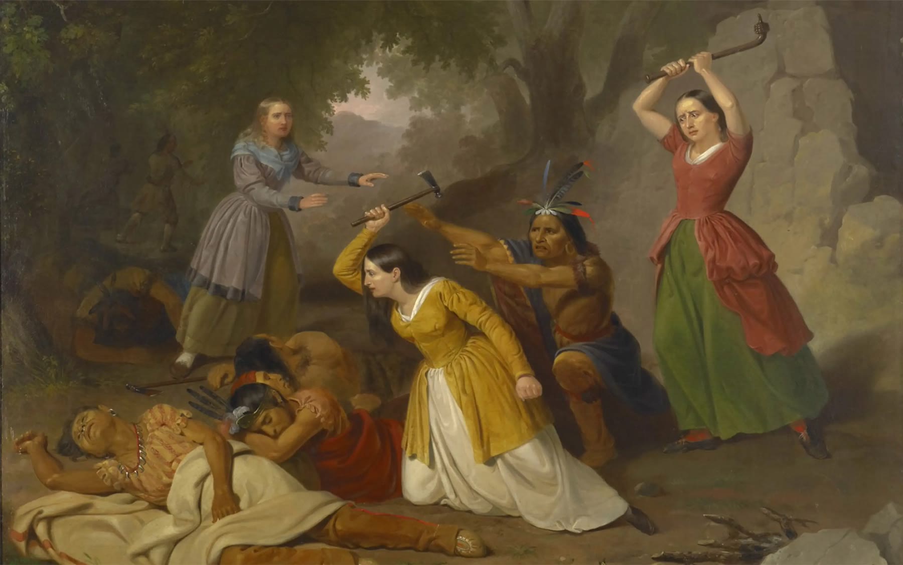 1847 painting by Junius Brutus Stearns, Hannah Duston Killing the Indians: a theatrical scene, not an eyewitness view. The painter turned the captive boy into a woman and left out the Native children.